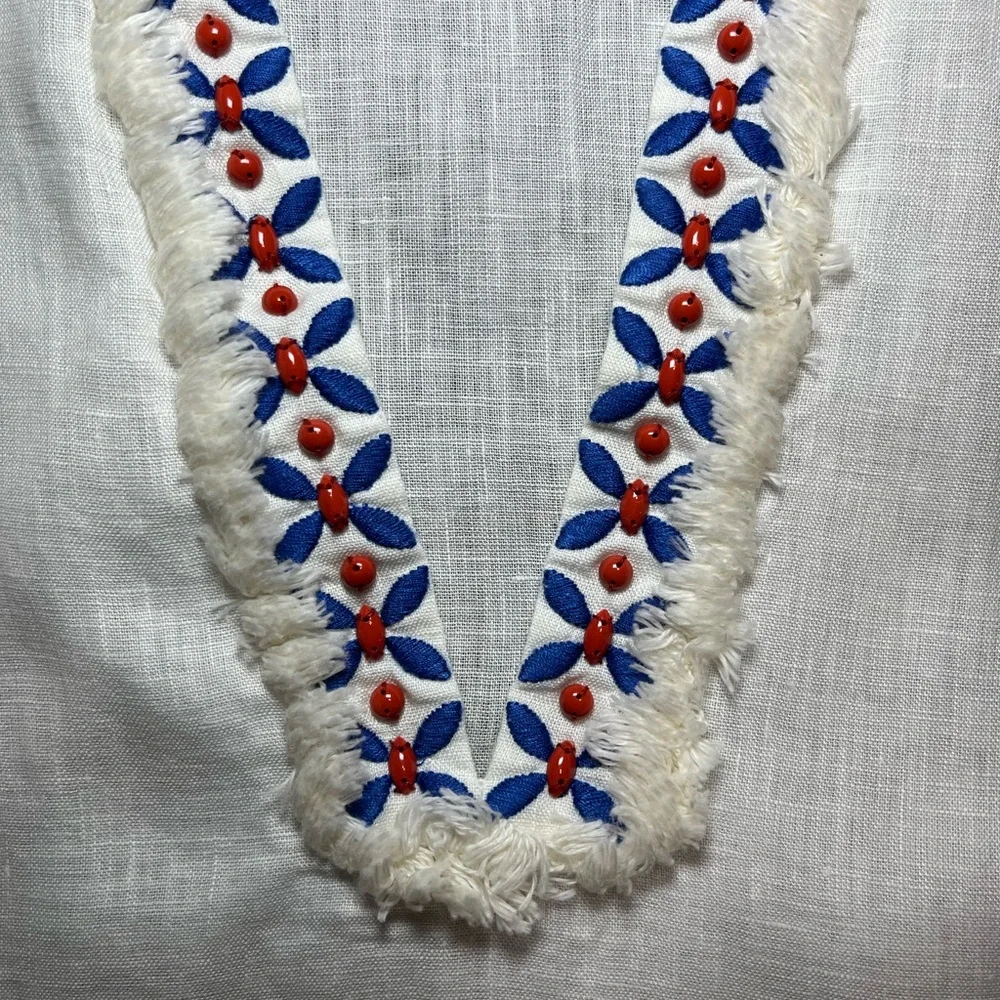 Tory Burch White Linen Tunic with Blue & Red Bead Work - Picture 2 of 6